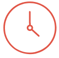 A red line-drawn clock icon with hands pointing to 10:10.
