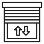 Icon of a window with a horizontal blind and up-down arrows, indicating adjustable blinds.