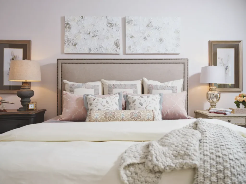 Bedroom with a neatly made bed, beige headboard, multiple decorative pillows, two lamps on side tables, and floral wall art above the bed. A knitted blanket is draped at the foot.