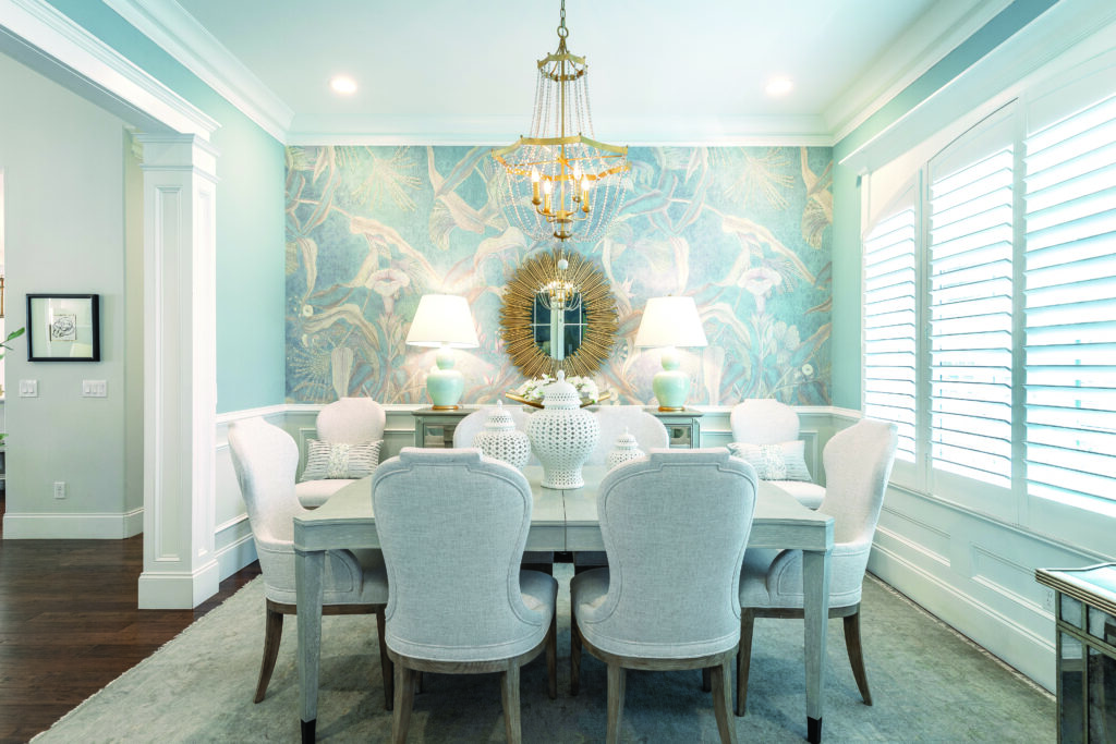 Chattanooga custom window treatments and designer wallpaper in an upscale dining area
