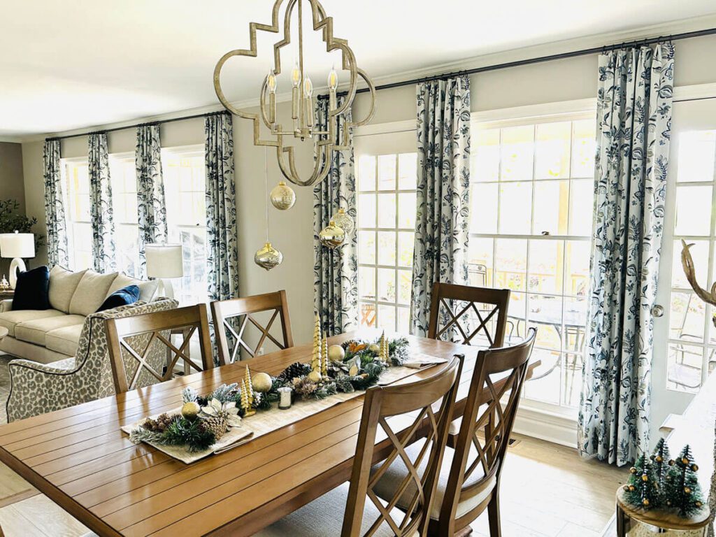 Custom blue and white floral draperies and curtains in a dining room in Chattanooga, Tennessee
