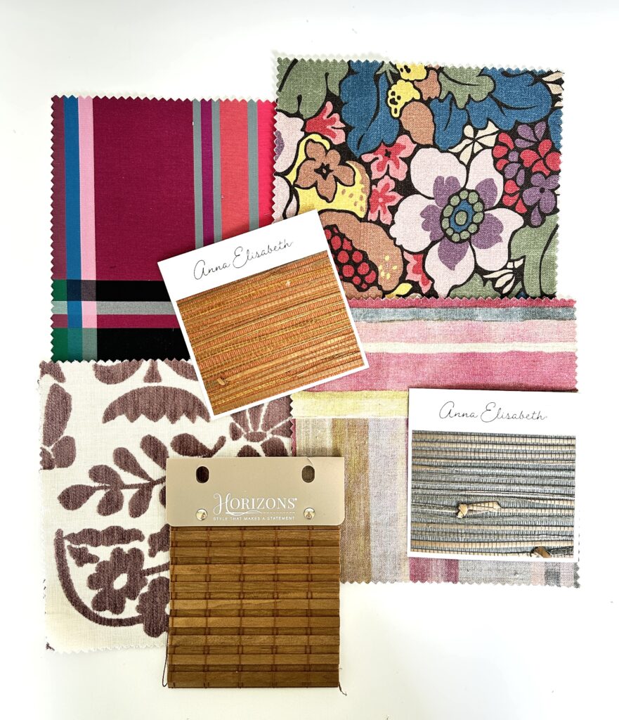 Six fabric swatches with various patterns and colors, including stripes, florals, and solids, are arranged on a white background with two labeled cards and one wood-tone sample.